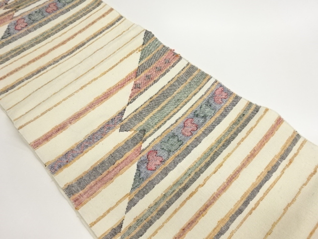 手織り紬切り嵌め風横段に葉模様織出し名古屋帯